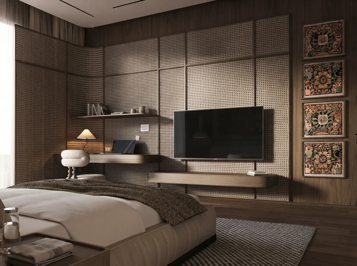 Japandi bedroom render with a TV floating on a woven rattan panel wall at the foot of the bed and a timber shelf below it