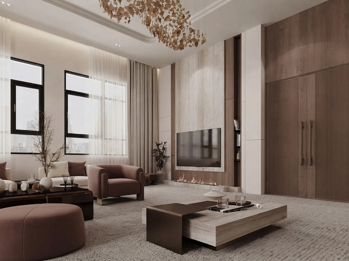Double height living room render with a TV mounted on a timber feature wall between tall windows above a long modular sofa