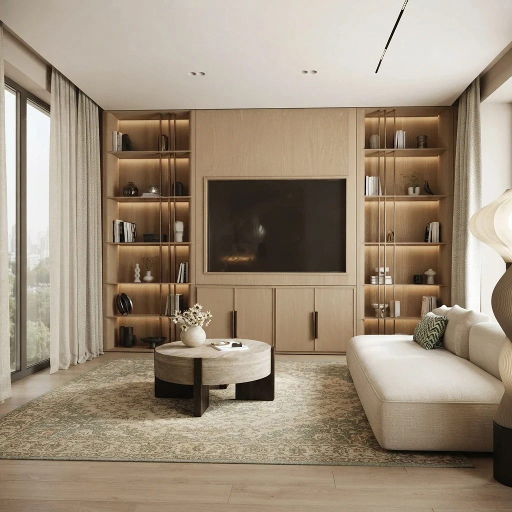 The same cream living room from the sofa side, showing the seating distance to the built in TV wall with sage green armchairs in the foreground