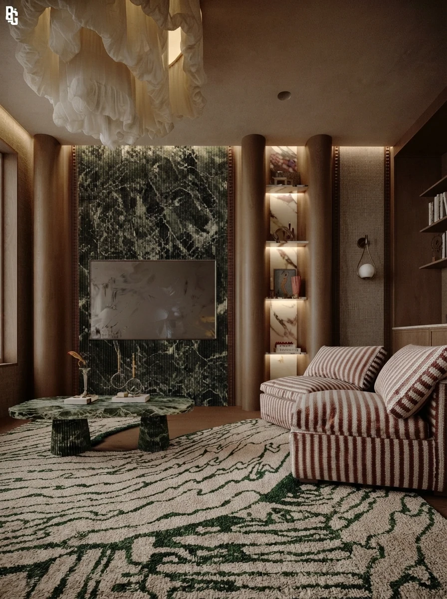 Render of a TV mounted on a green marble slab wall with blush pink seating and a sculpted green coffee table