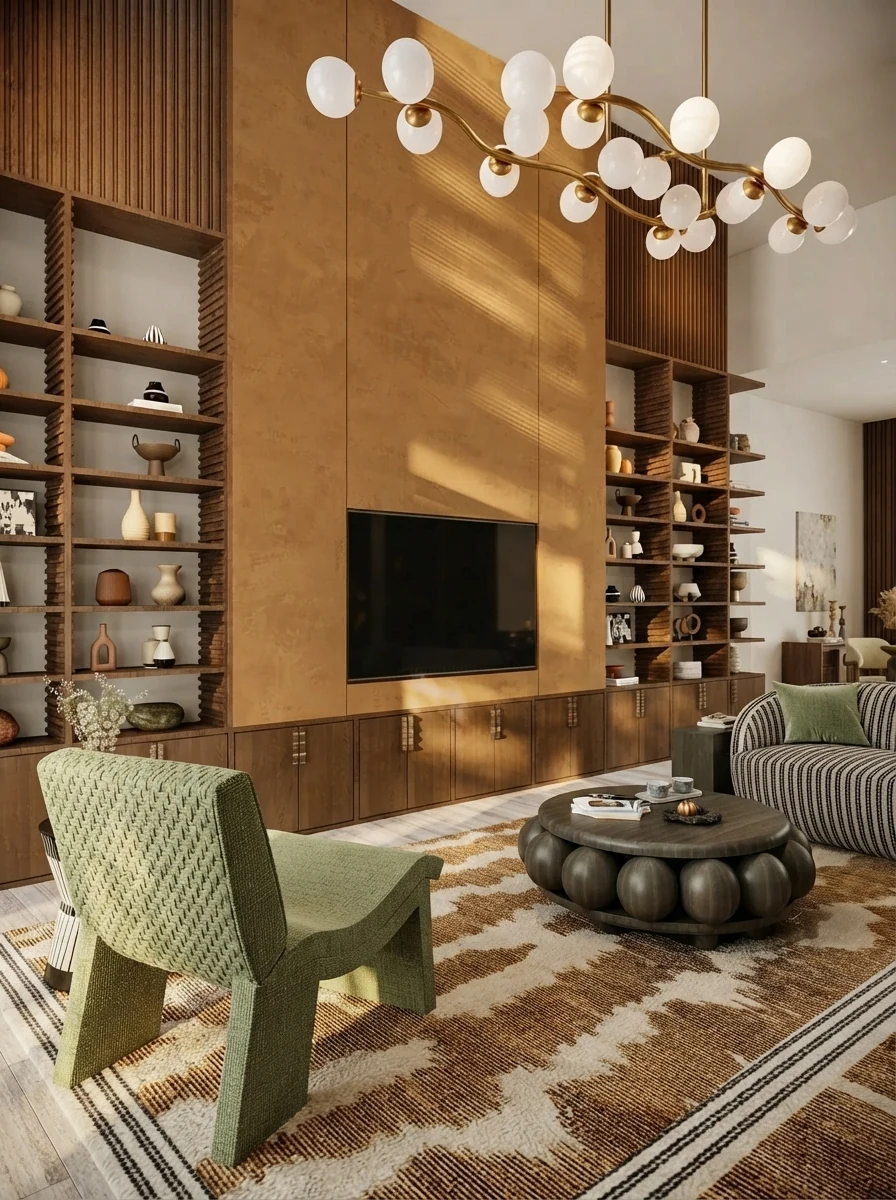 Characterful living room render with a TV hung on a mustard ochre wall next to a full height open bookshelf and striped armchairs