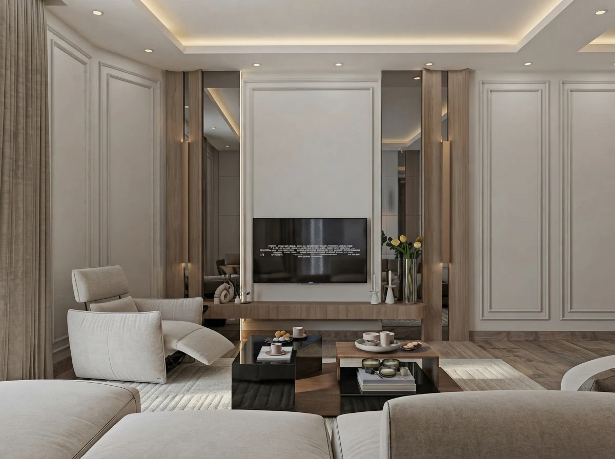 White panelled living room render with a wall mounted TV above a low media unit and a deep modular sofa in the foreground