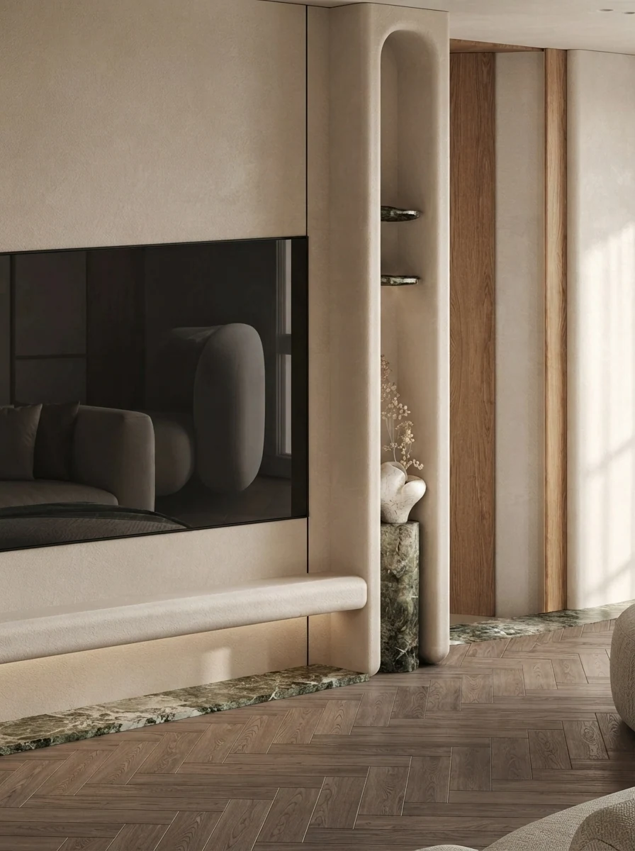 Close render of a TV recessed into a limestone media wall with a fluted oak panel beside it and warm concealed lighting