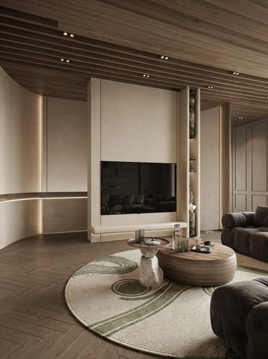 Render of a TV recessed into a limestone media wall in a cream living room with a curved boucle sofa and a sage patterned rug