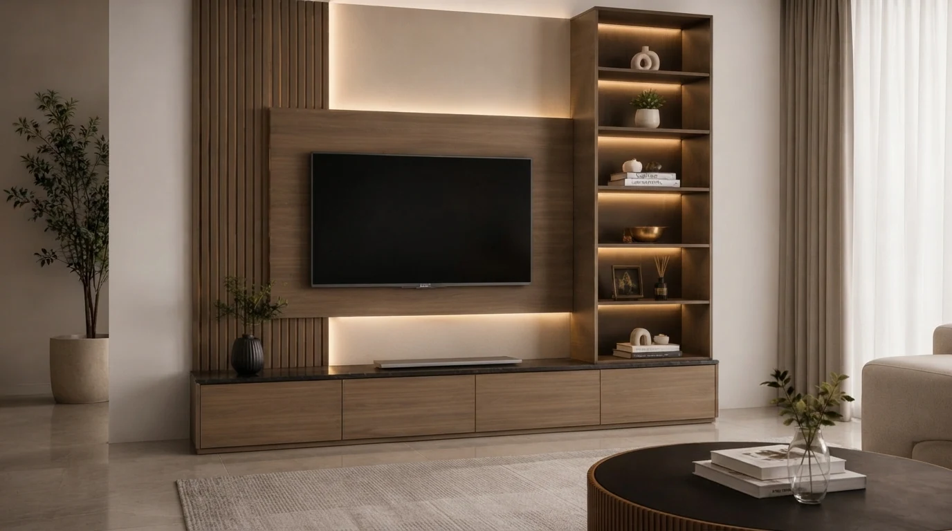 Warm living room render with a large TV on a walnut media wall, backlit open shelving on both sides of the screen and strip lighting under the cabinet