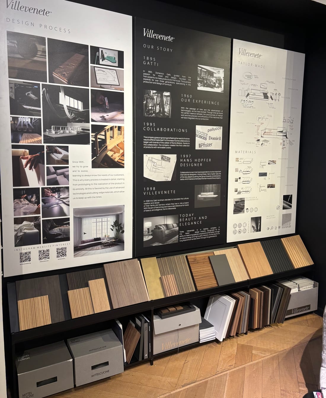 Wood and material samples in a furniture showroom, the textures that define an interior