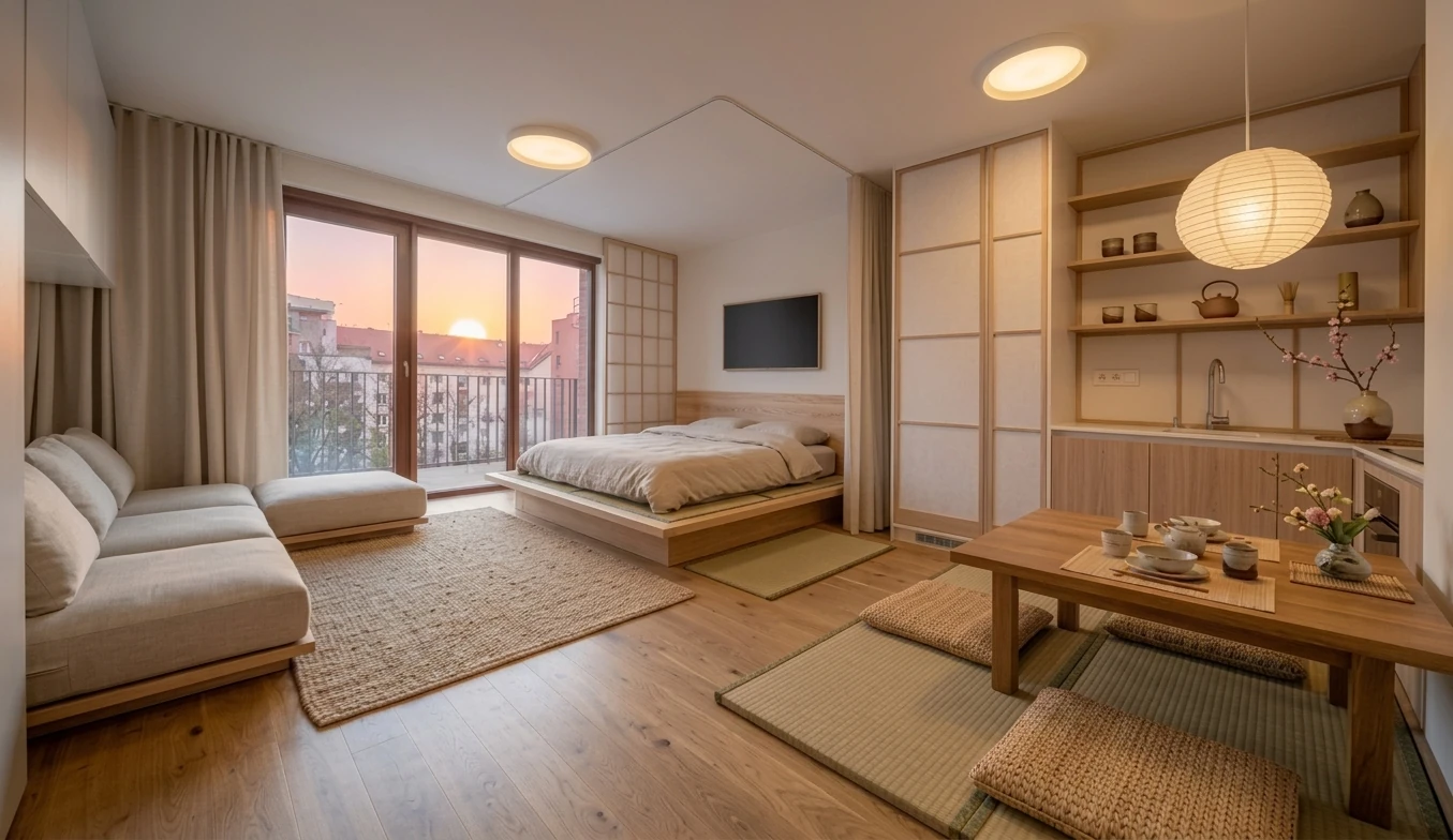 The studio restyled by MeltFlex AI as Japanese, with a low platform bed, tatami seating, shoji screens and a paper lantern