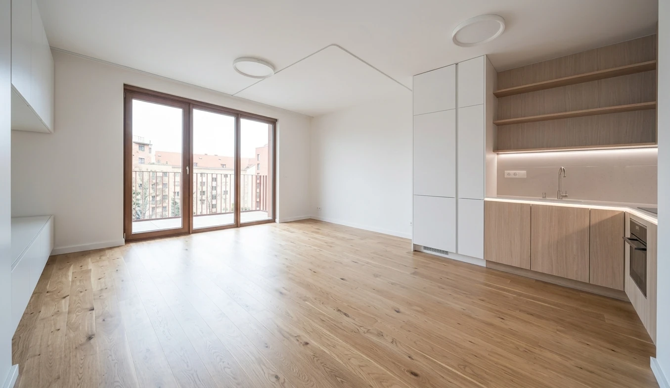 Empty studio apartment before MeltFlex AI interior design, bare floor with kitchen and balcony doors
