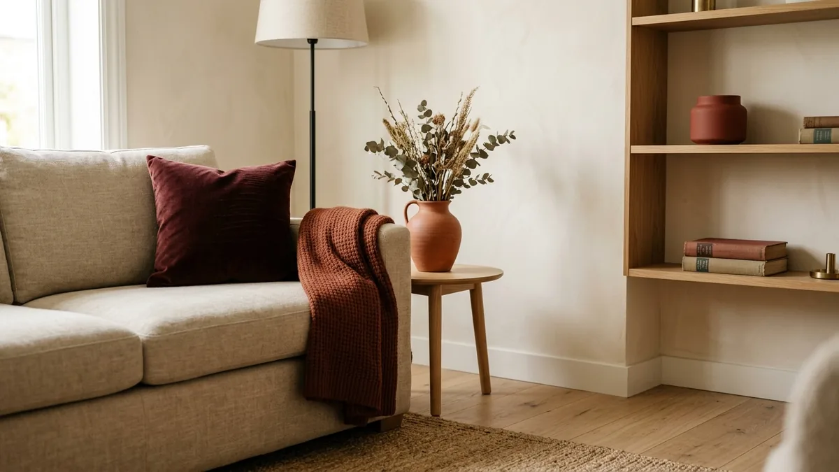 A warm neutral room showing the 2026 earthy red palette: oxblood, terracotta, brick and currant accents against oak and cream