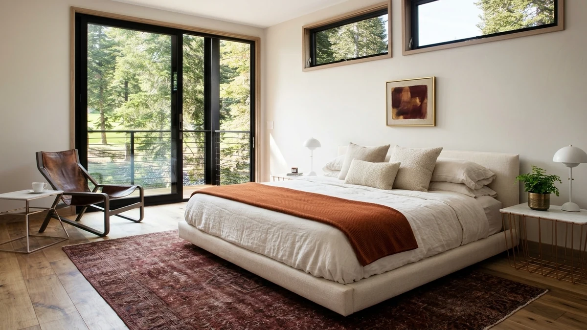 A calm modern bedroom in cream and oak with a rust throw across the bed, a faded maroon rug and a leather sling chair adding warmth without overwhelming the room