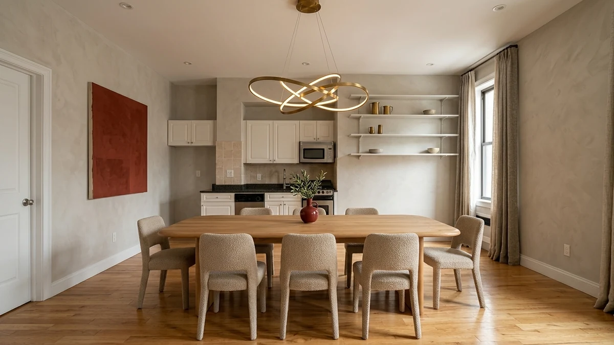 A neutral modern dining room with an oak table and bouclé chairs, anchored by one large oxblood-red abstract artwork on the wall and a small red vase as the only color