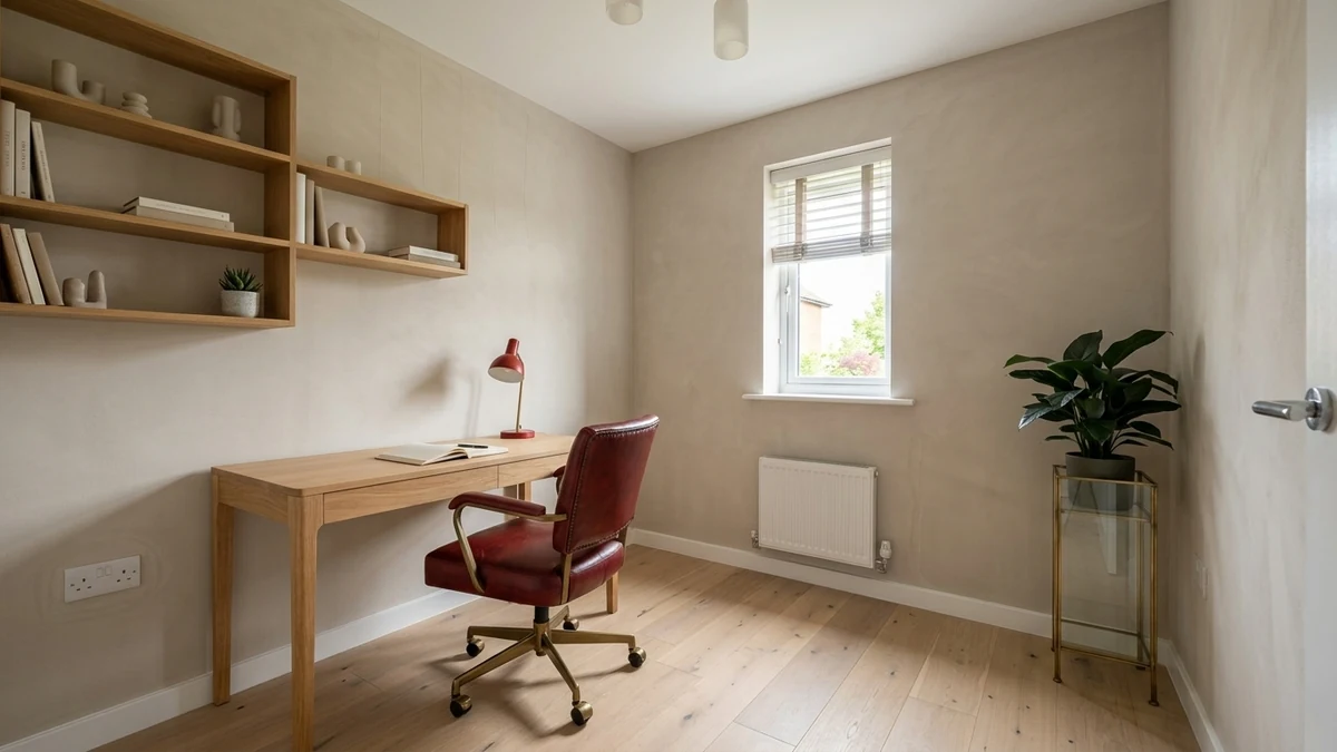 A small modern home office with a warm plaster wall, oak desk and floating shelf, an oxblood leather desk chair and a small red task lamp as the only color