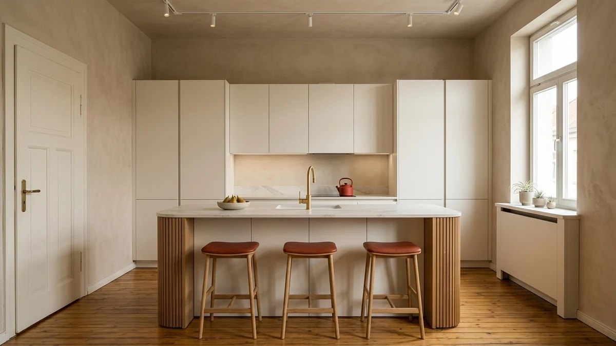 A warm plaster and white kitchen with a fluted oak island, three earthy red counter stools and a small red kettle as the only color, with a brass tap