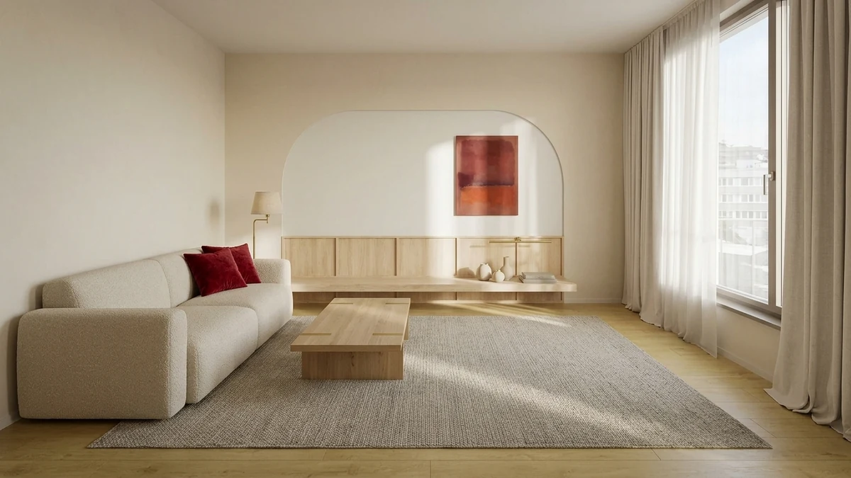 A modern neutral living room with a bouclé sofa, oak coffee table and one oxblood-and-orange abstract artwork plus two currant-red velvet cushions as the only color, demonstrating the unexpected red theory