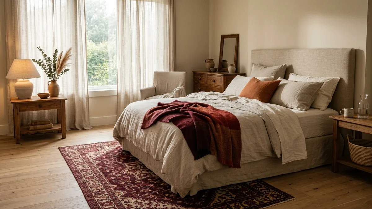 A calm oat and cream bedroom with a maroon rug and a rust wool throw adding warmth without overwhelming the room