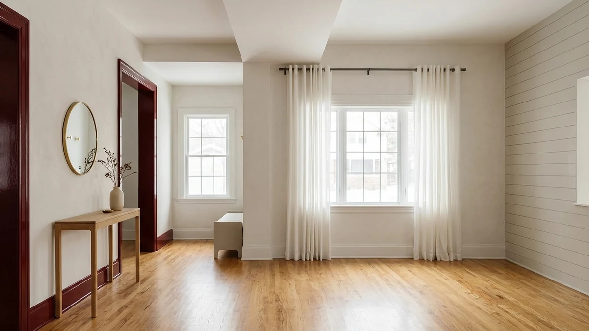A modern entryway with a single doorway frame and baseboard painted in deep oxblood red against off-white walls, an oak console and round mirror nearby