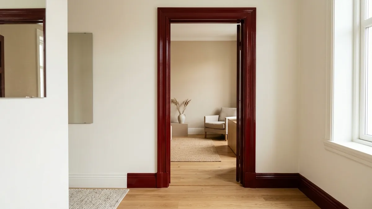 A doorway threshold with the frame and trim painted in glossy oxblood red against soft off-white walls