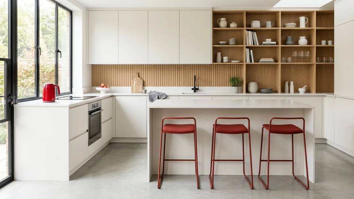A monochrome white and oak kitchen with three brick-red counter stools and a small red kettle as the only color