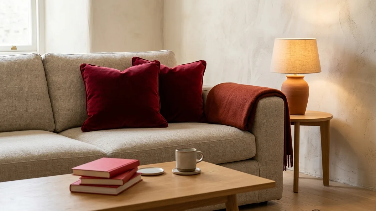 A neutral beige sofa styled with currant red velvet cushions, a rust throw and red-spined books on the coffee table