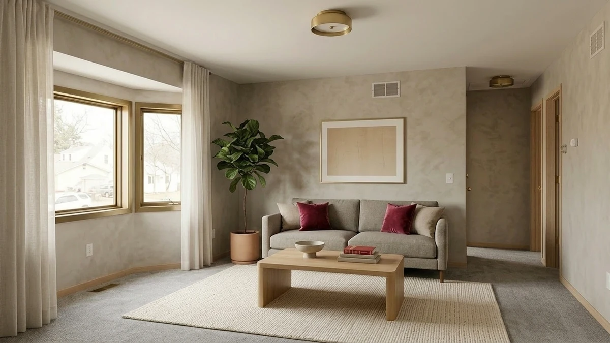 The same modern living room with a few currant-red velvet cushions and a stack of red-spined books as the only color, the lowest-commitment version of the unexpected red theory