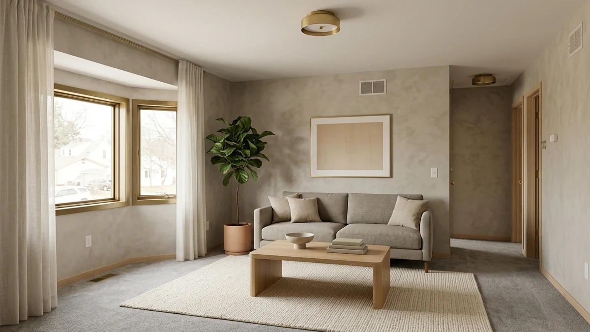 A calm modern living room in greige and oak with no red anywhere, looking safe but slightly flat before the unexpected red theory is applied