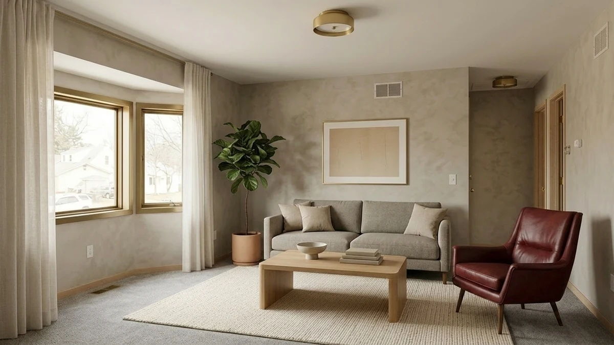 The same modern living room with a single oxblood-red leather accent chair added off to one side, instantly looking finished and intentional