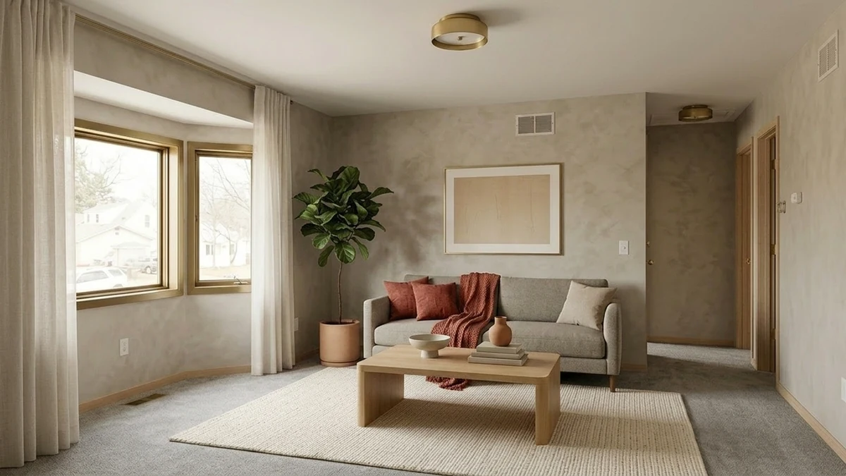 The same modern living room styled instead with soft terracotta cushions, a terracotta throw and a small terracotta vase for a warmer earthy version of the unexpected red theory