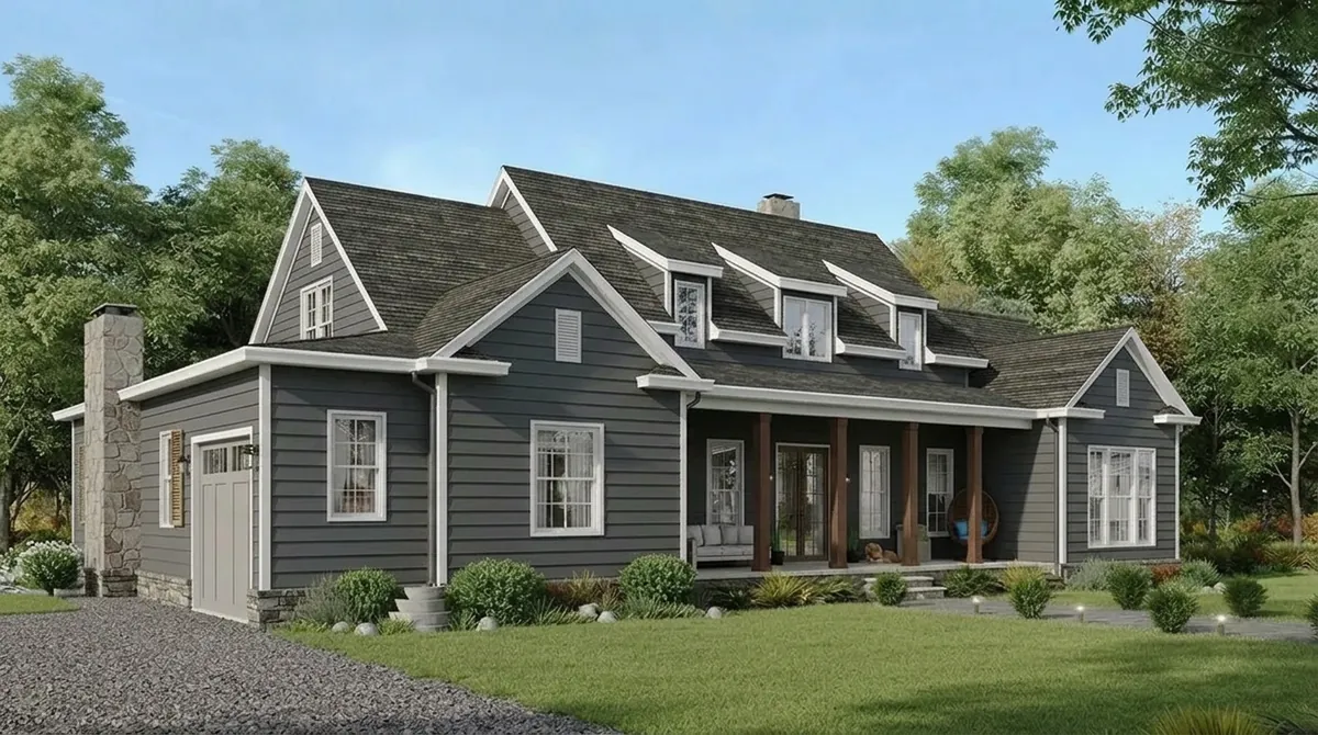 The same cape house re-sided in dark charcoal gray vinyl lap siding with white trim, white dormers, a stone chimney and a dark shingle roof