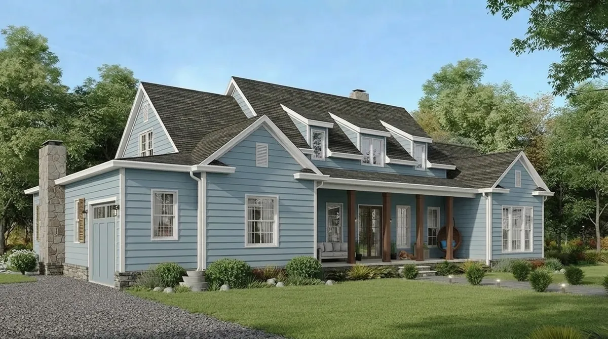 The same cape style house re-sided in soft coastal blue vinyl lap siding with white trim, white dormers and the same dark shingle roof