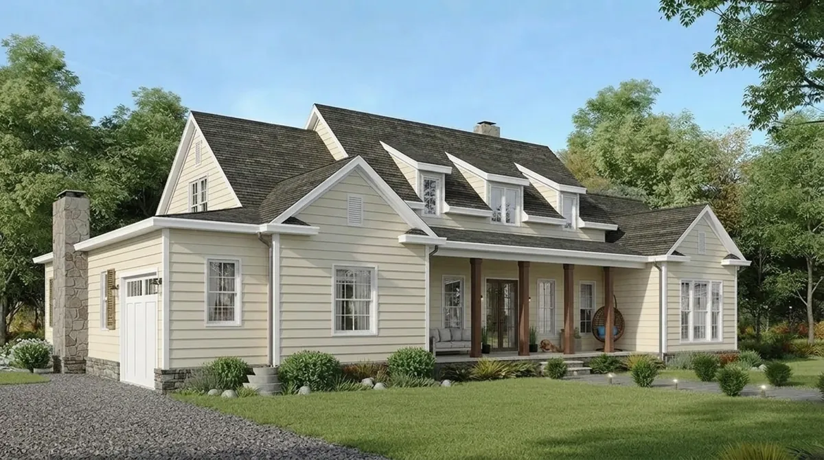 The same cape house re-sided in soft cream linen vinyl lap siding with white trim and a dark shingle roof