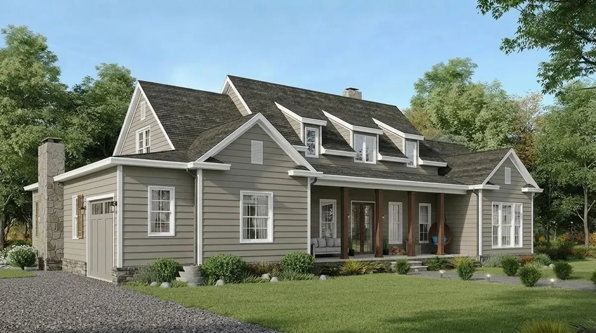 The same cape house re-sided in warm greige vinyl lap siding with white trim, a stone chimney and a dark shingle roof
