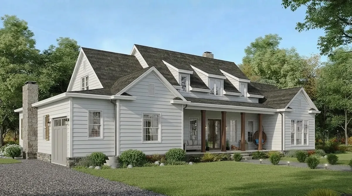 The same cape house re-sided in light gray vinyl lap siding with white trim and a dark shingle roof