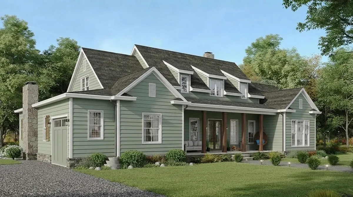 Cape style house with a stone chimney, three dormers and a covered porch, re-sided in muted sage green vinyl lap siding with white trim and a dark shingle roof
