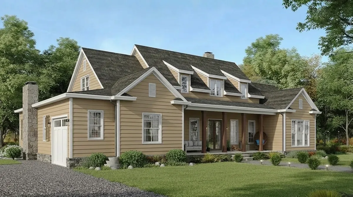 The same cape house re-sided in warm sandstone tan vinyl lap siding with white trim and a dark shingle roof