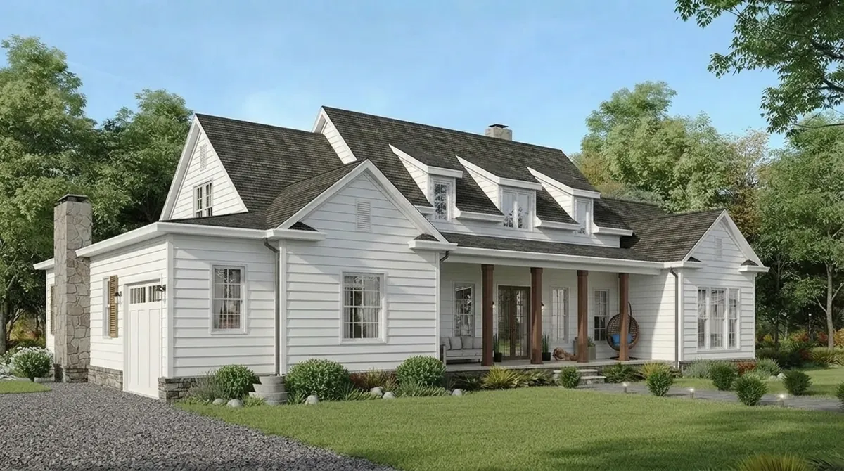 The same cape style house re-sided entirely in classic white vinyl lap siding with white trim and the original dark shingle roof