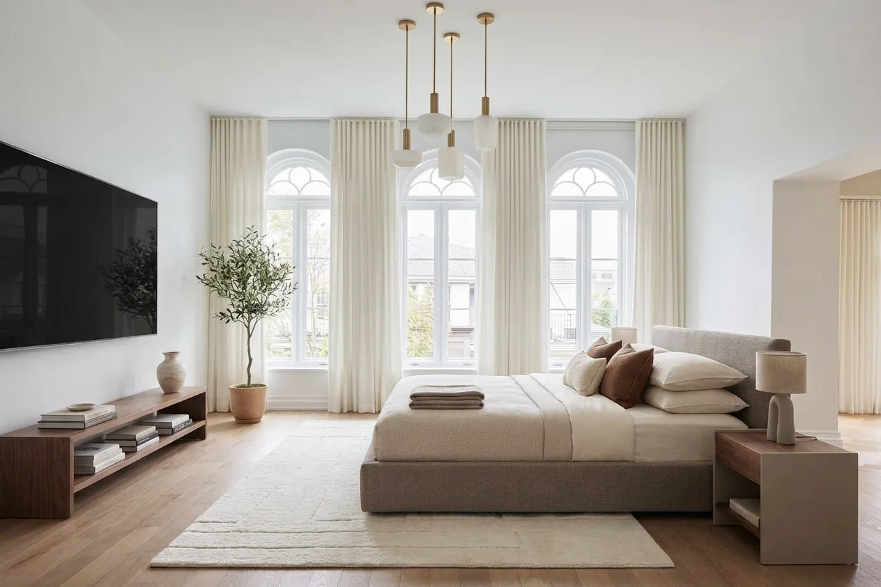 AI virtually staged primary bedroom with gray upholstered platform bed, layered cream and tan bedding, long walnut media console, wall-mounted TV, olive tree, and sculptural brass chandelier