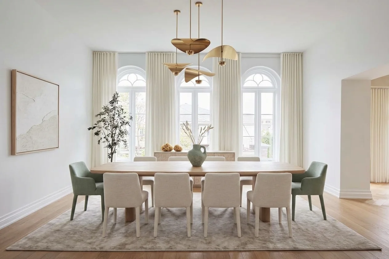 AI virtually staged formal dining room with natural oak table seating ten, cream upholstered chairs and sage green end chairs, sculptural brass chandelier, abstract framed art, and woven sisal rug