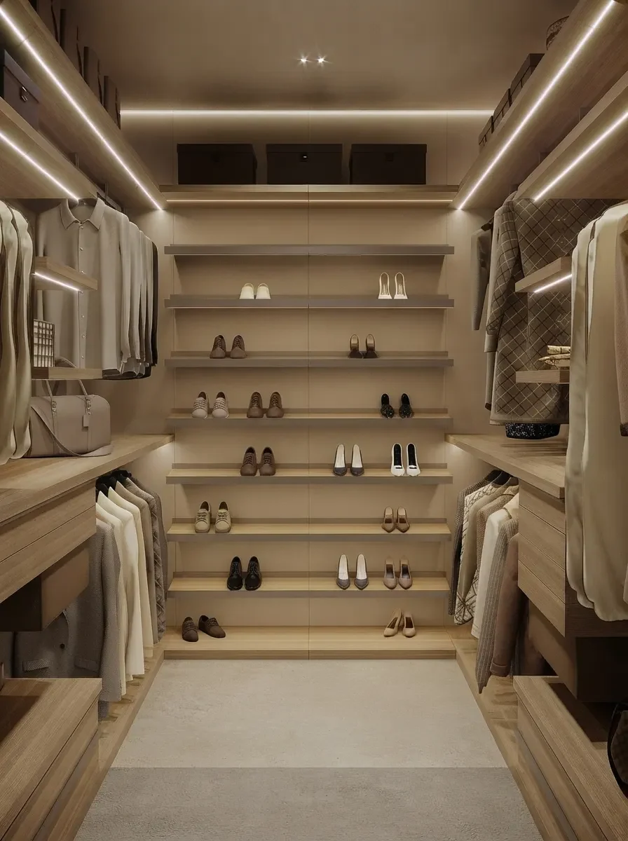 A double sided beige walk-in closet with backlit shelving on both walls, open hanging rails and a lit shoe display