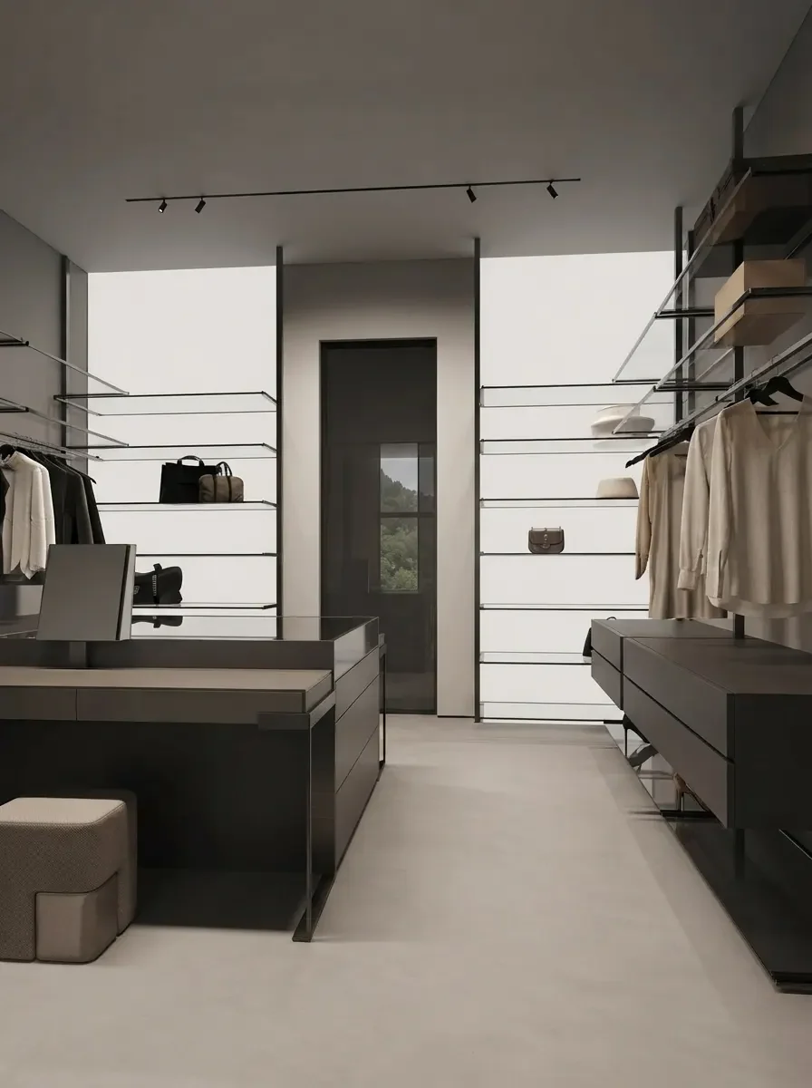 An open wardrobe room with black metal rails and glass shelving on both sides and a low display island in the centre