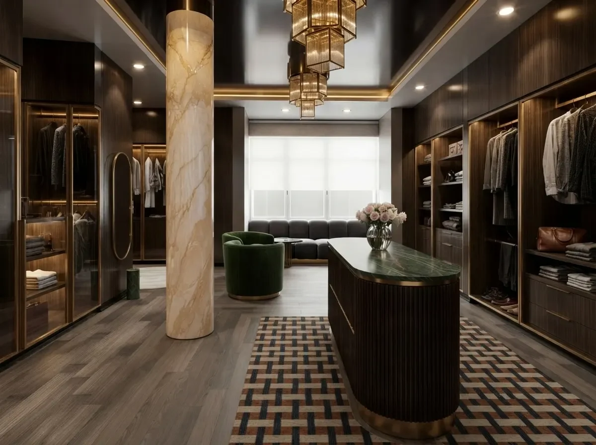 A boutique style luxury closet with a fluted island with a marble top, green velvet armchairs and art deco chandeliers