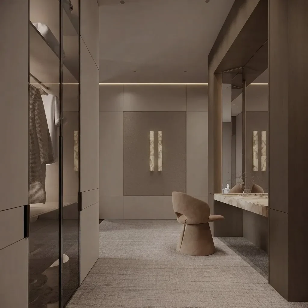 A walk-in dressing room with bronze glass wardrobes, a beige marble vanity and a sculptural chair