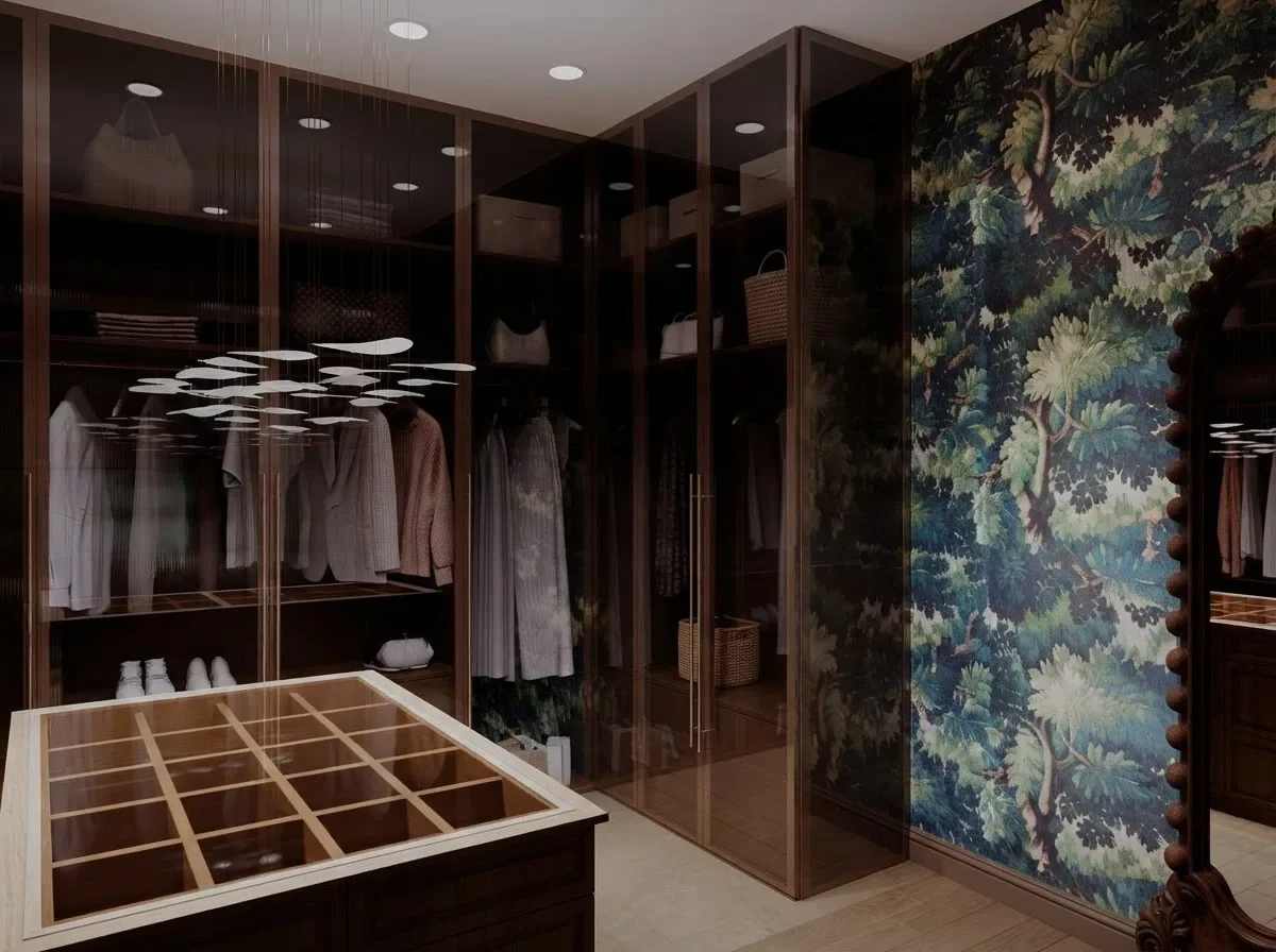 A moody walk-in closet with walnut cabinetry, forest landscape wallpaper, brass fittings and a central island under linear pendants