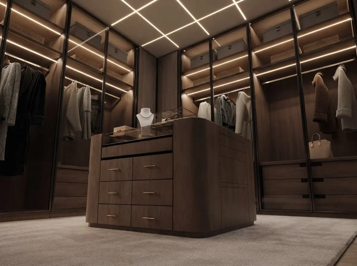 A dark walnut walk-in closet with glass fronted wardrobes on both sides and a central jewellery island with drawers