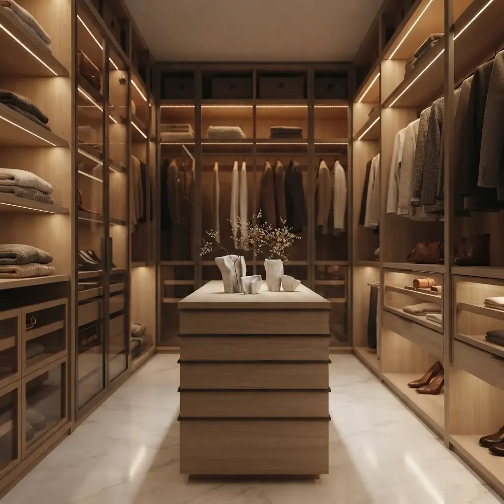 A spacious warm wood dressing room with a central island with drawers, terracotta velvet poufs and a full height mirror