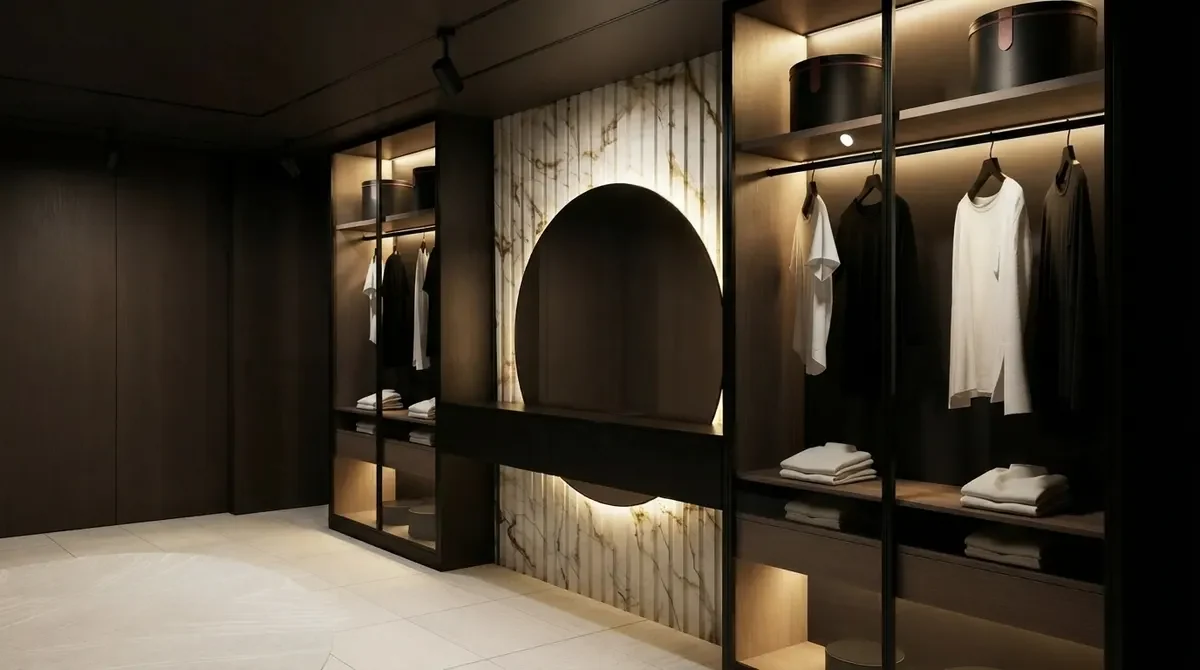 A glam dressing room with a backlit marble arch wall, black glass wardrobes, brass trims and moody lighting