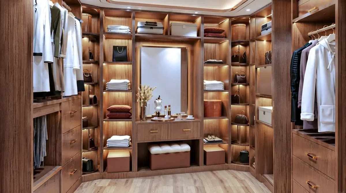 A walnut walk-in closet with LED strips under every shelf, a full shoe wall and a small vanity corner