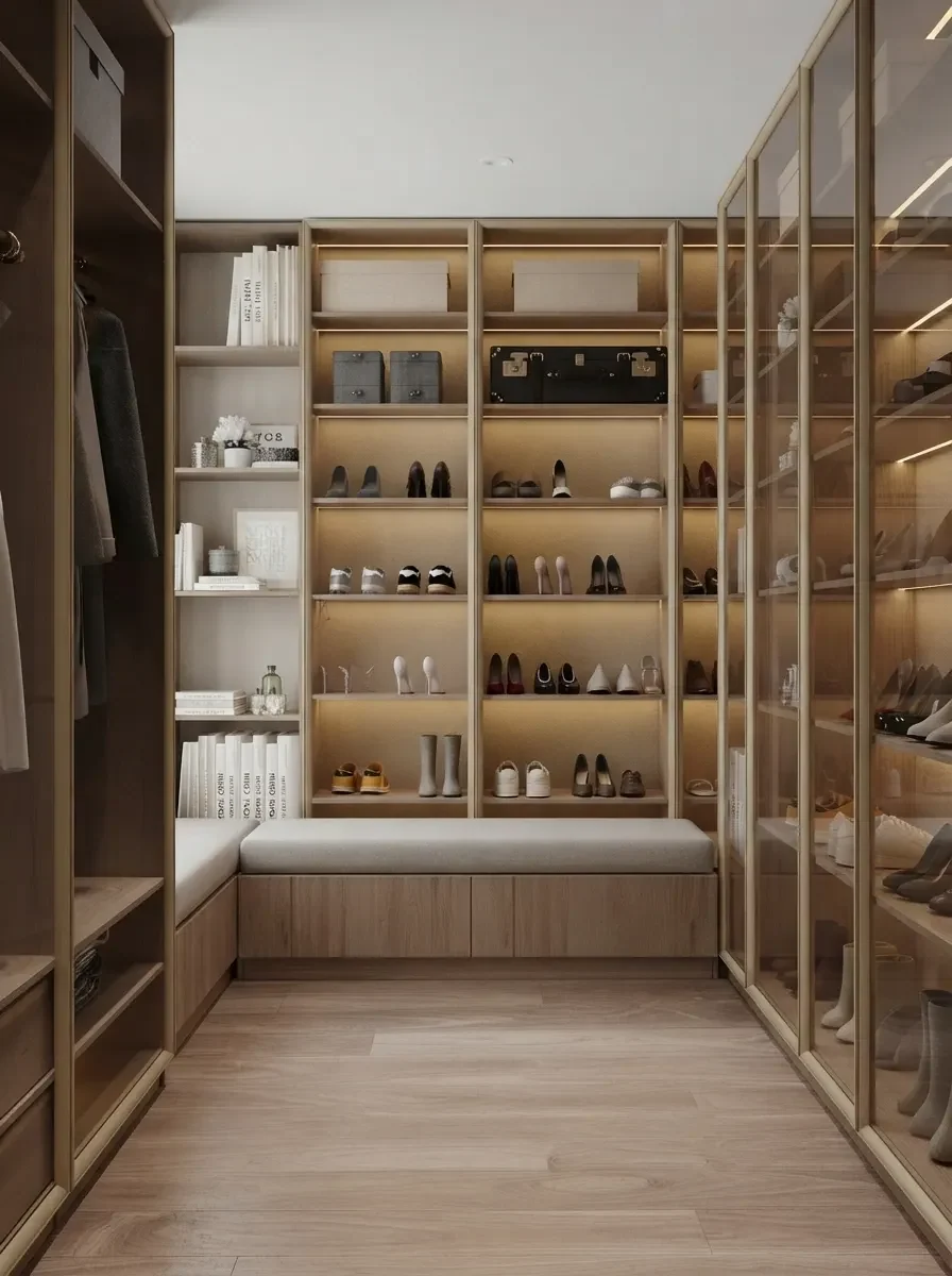 A single sided light oak walk-in closet with open shoe shelves, hanging rails and a cushioned window seat at the end