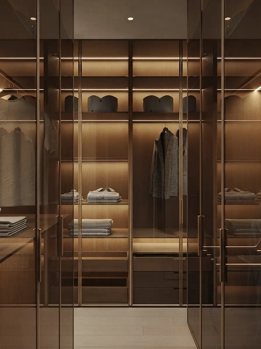 A single sided closet run behind smoked bronze glass doors with lit oak shelves inside