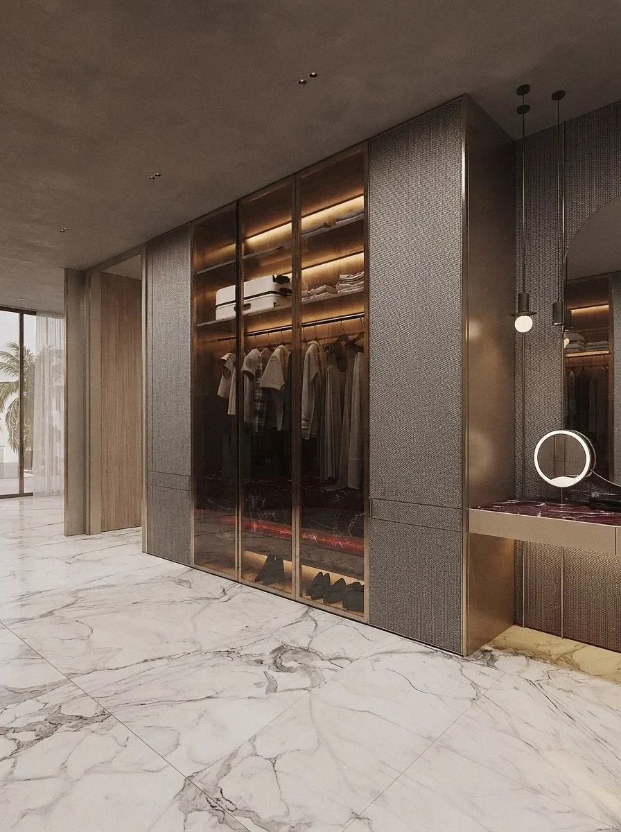 A dressing room with backlit glass fronted wardrobes, bookmatched marble floor, bronze mirrored panels and a green marble vanity nook