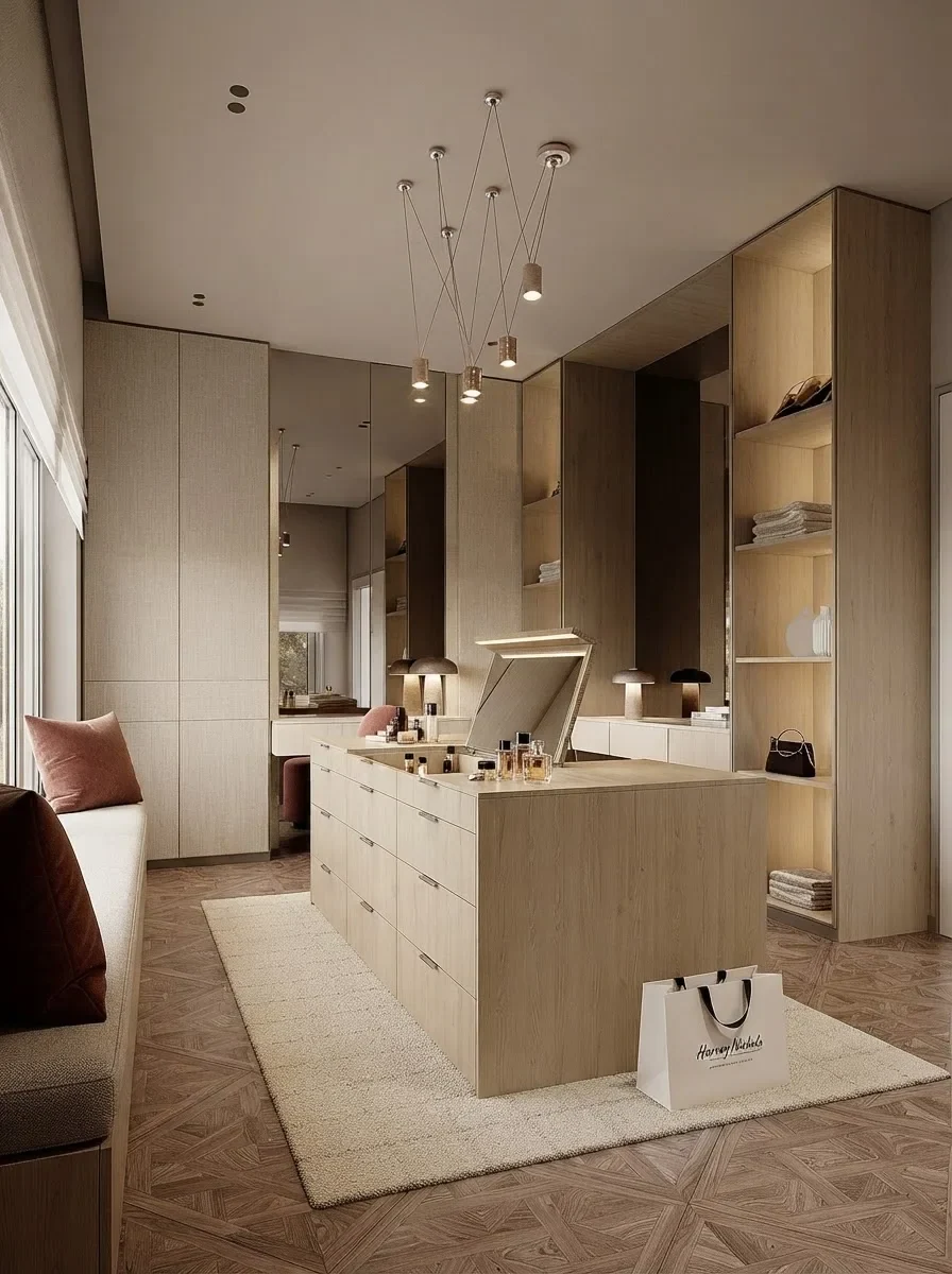 A compact light oak dressing room with a glass topped island, a window seat with a blush stool and bright daylight